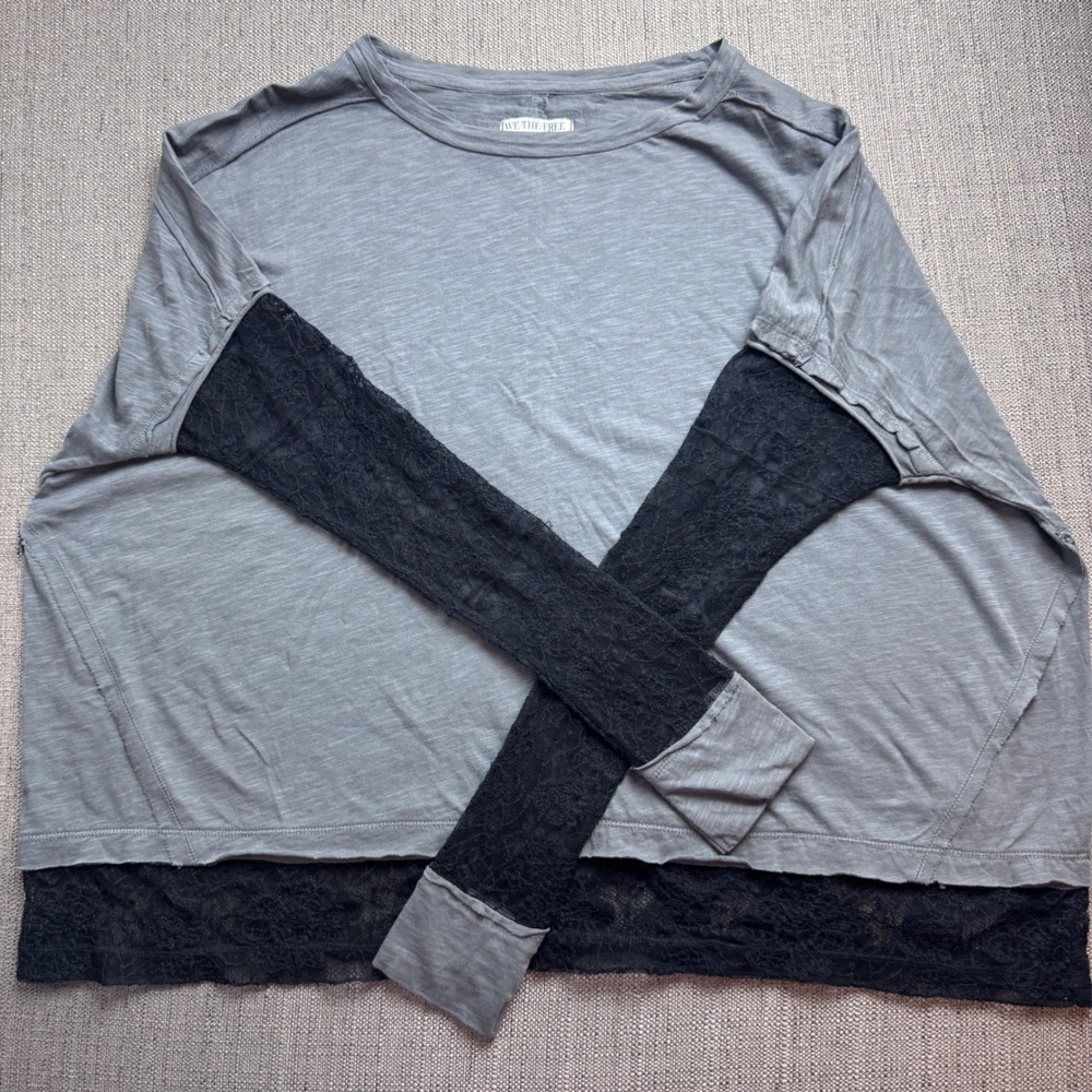 Free People We The Free Grey Black Lace Long Sleeve Oversized Top XS OB548347